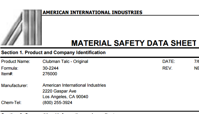 Clubman Talc MSDS